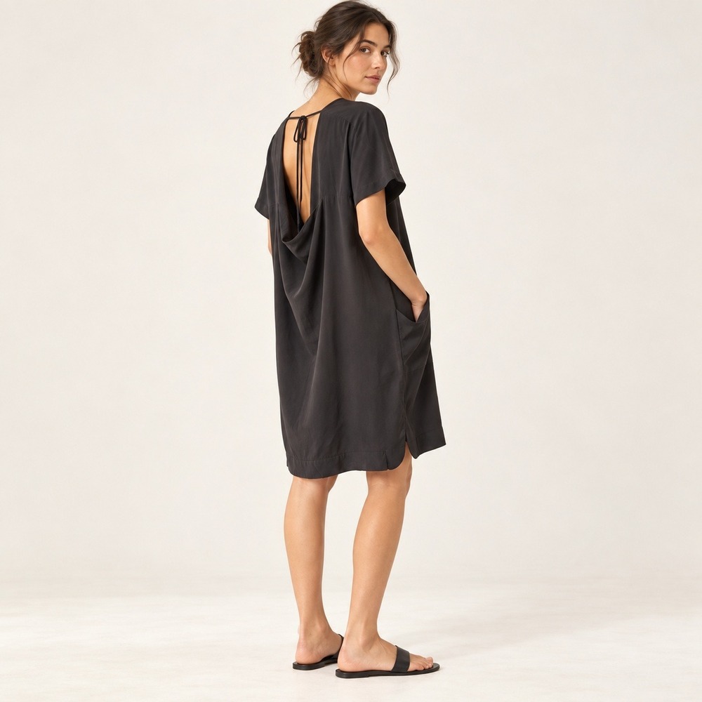 COS Dress 100% Silk Open Cowl Back Shift Black Minimalist Pockets Size Unknown